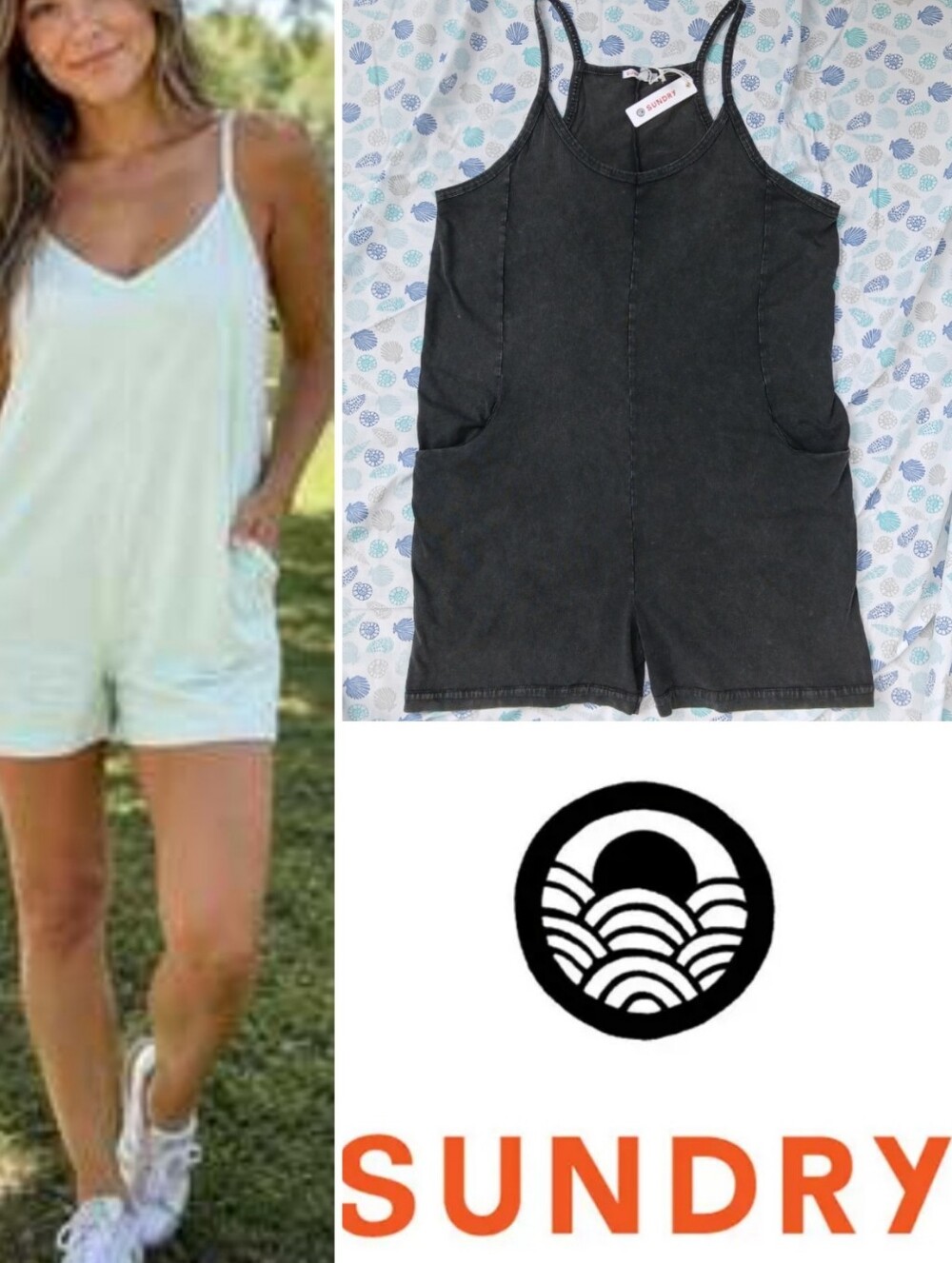 Sundry Anthro V-Neck Sleeveless Shorts Romper with Pockets, Washed Charcoal